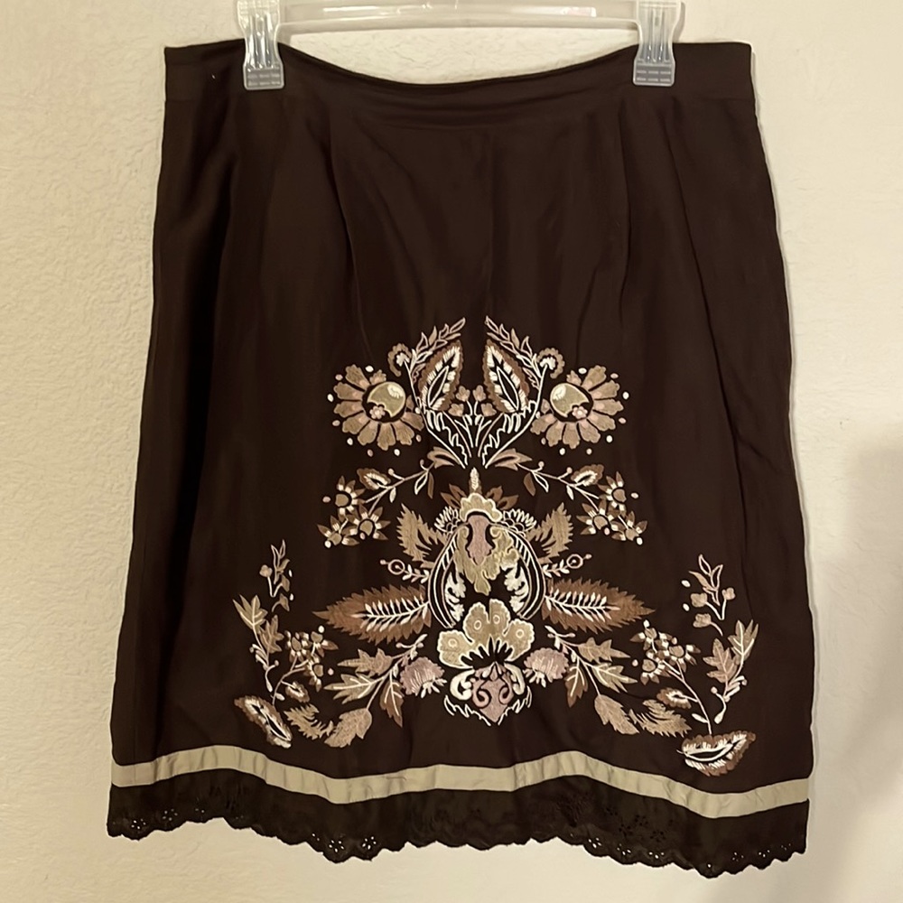 Ann Taylor Loft Women's Brown Beige Embroidered A-Line Skirt